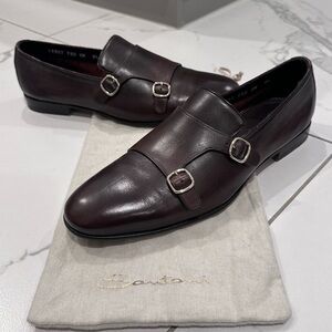 Santoni Mens size 9.5 dark brown calfskin leather double monkstrap loafers